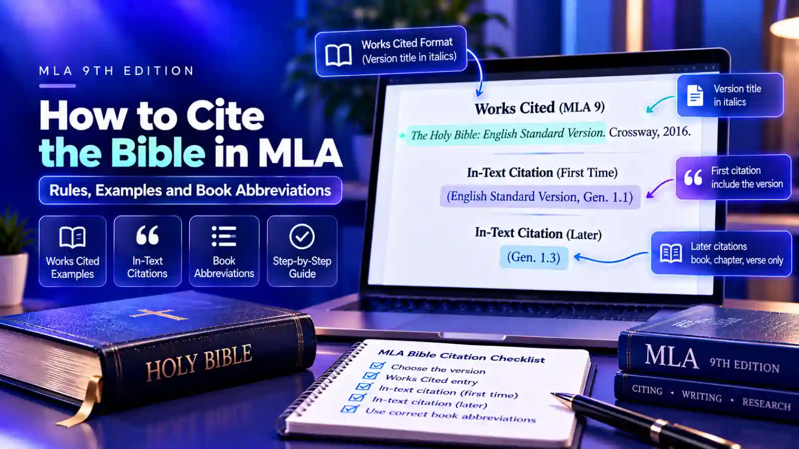 How to Cite the Bible in MLA A Works Cited entry and in-text citations for the Bible in MLA 9, with the version title, book, chapter, and verse labeled