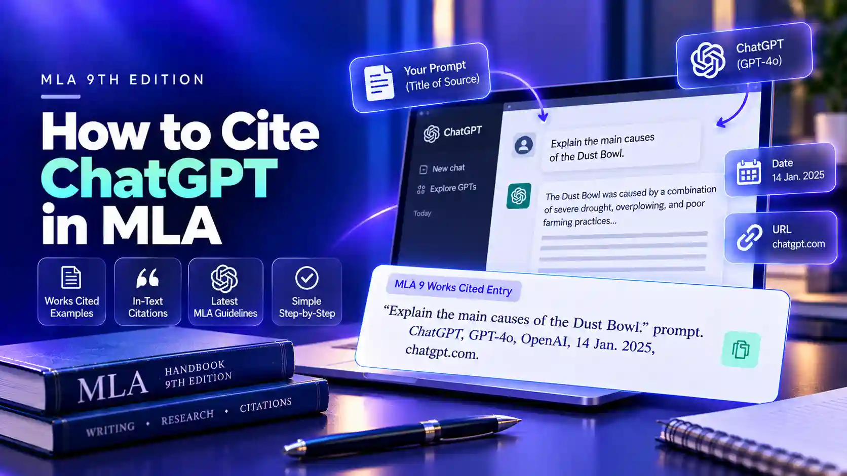 How to Cite ChatGPT and AI Tools in MLA A prompt typed into a chat window turning into an MLA Works Cited entry for ChatGPT