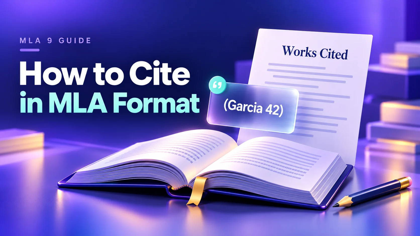 Illustration of an open book, a Works Cited page, and the MLA in-text citation (Garcia 42)