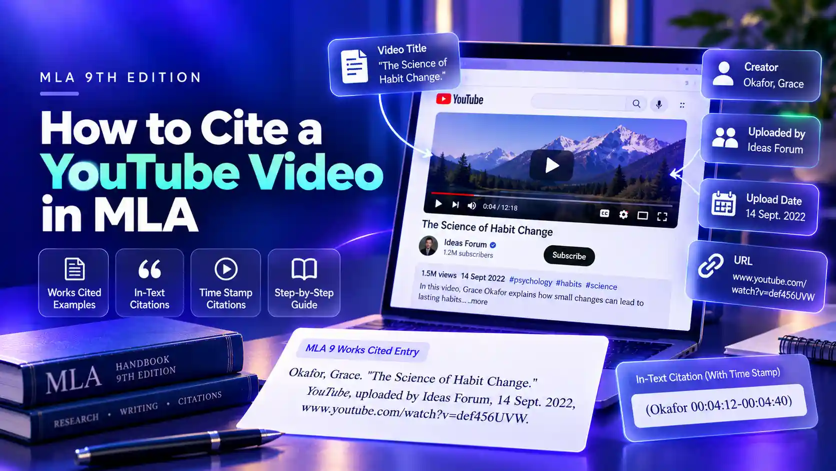 How to Cite a YouTube Video in MLA A YouTube video page with its creator, uploader, and upload date labeled, next to the matching MLA 9 Works Cited entry and a time-stamped in-text citation