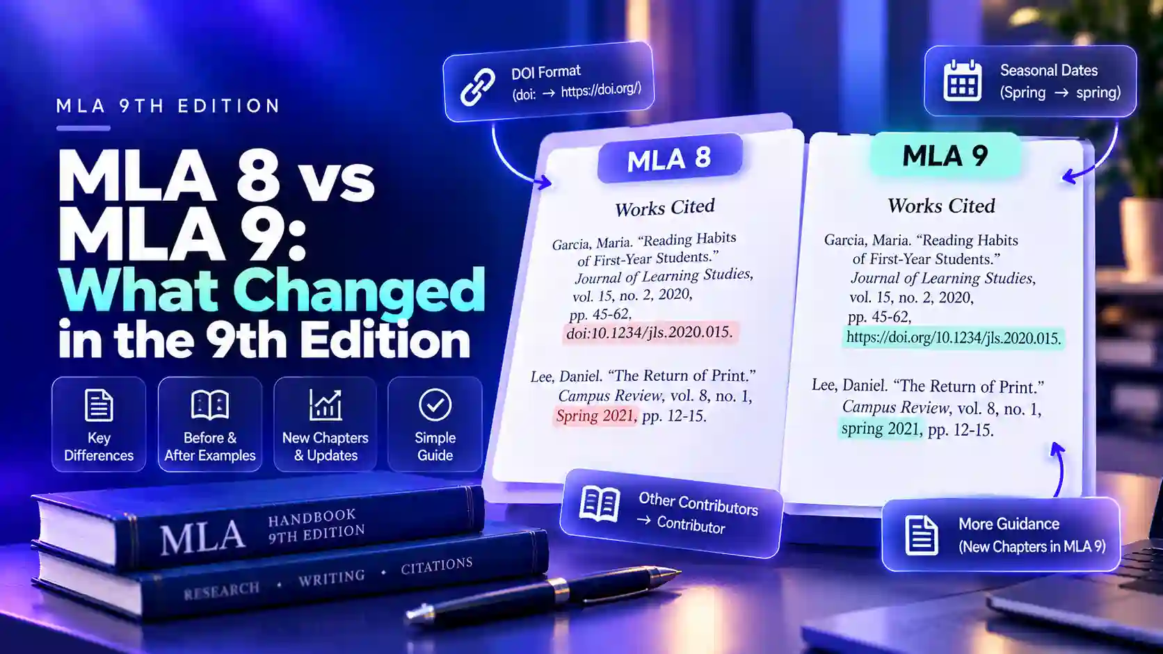MLA 8 vs MLA 9: What Changed in the 9th Edition A side-by-side MLA 8 and MLA 9 Works Cited entry, with the DOI format and seasonal date changes highlighted