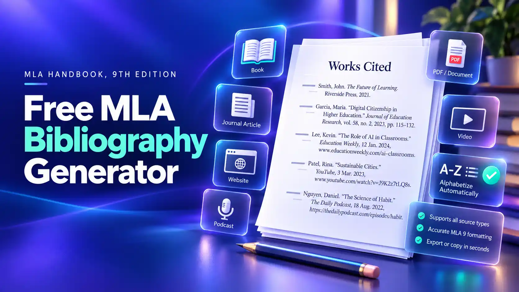 MLA Bibliography Generator showing source icons, an alphabetized bibliography page with hanging indents, and a copied citation