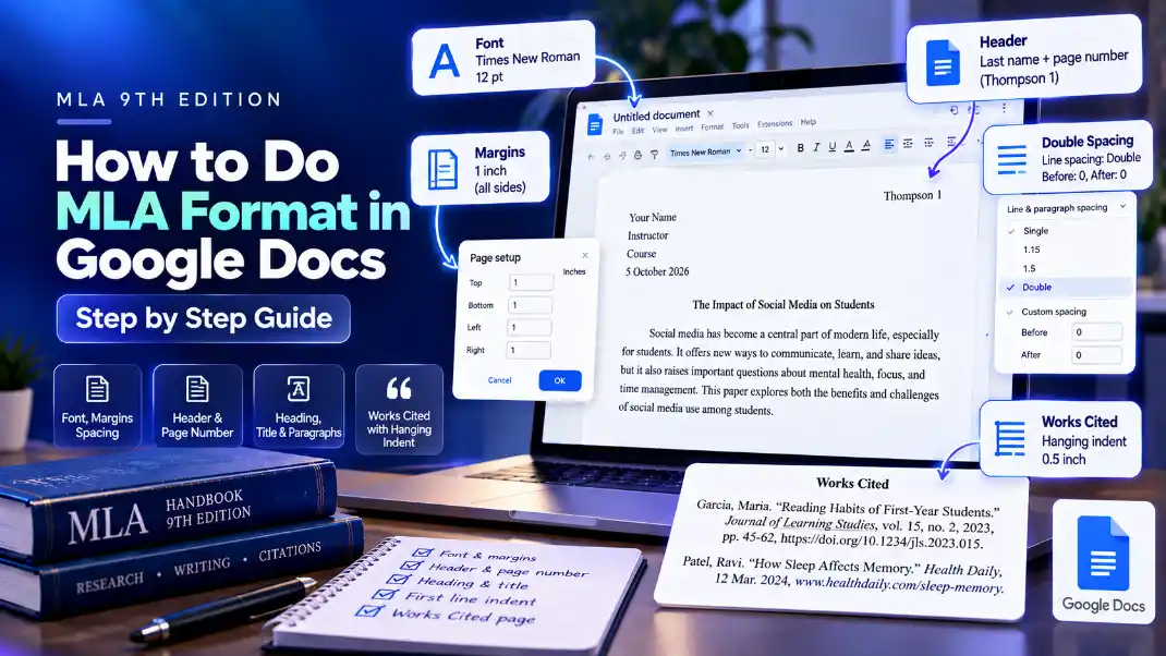 How to Do MLA Format in Google Docs A Google Docs page formatted in MLA style, with the font, margins, header, and Works Cited settings labeled