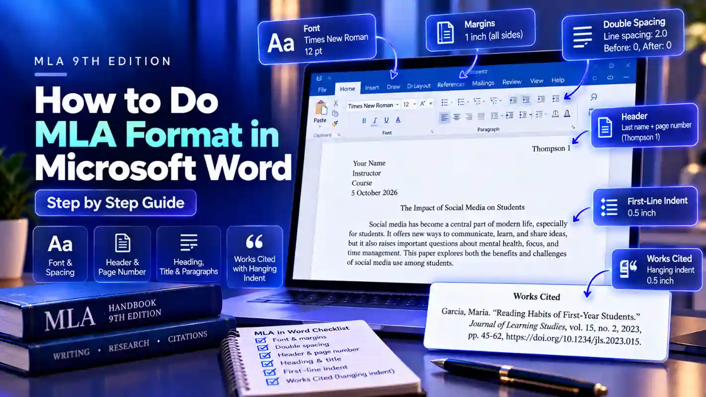 How to Do MLA Format in Microsoft Word A Microsoft Word document formatted in MLA style, with the font, margins, header, and Works Cited settings labeled