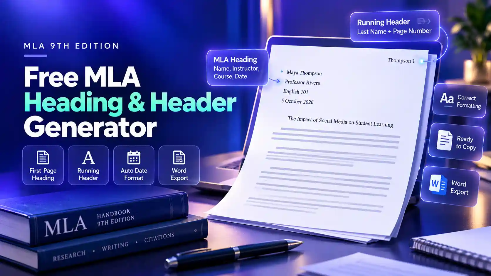 MLA Heading and Header Generator showing the four-line heading, centered title, and running head