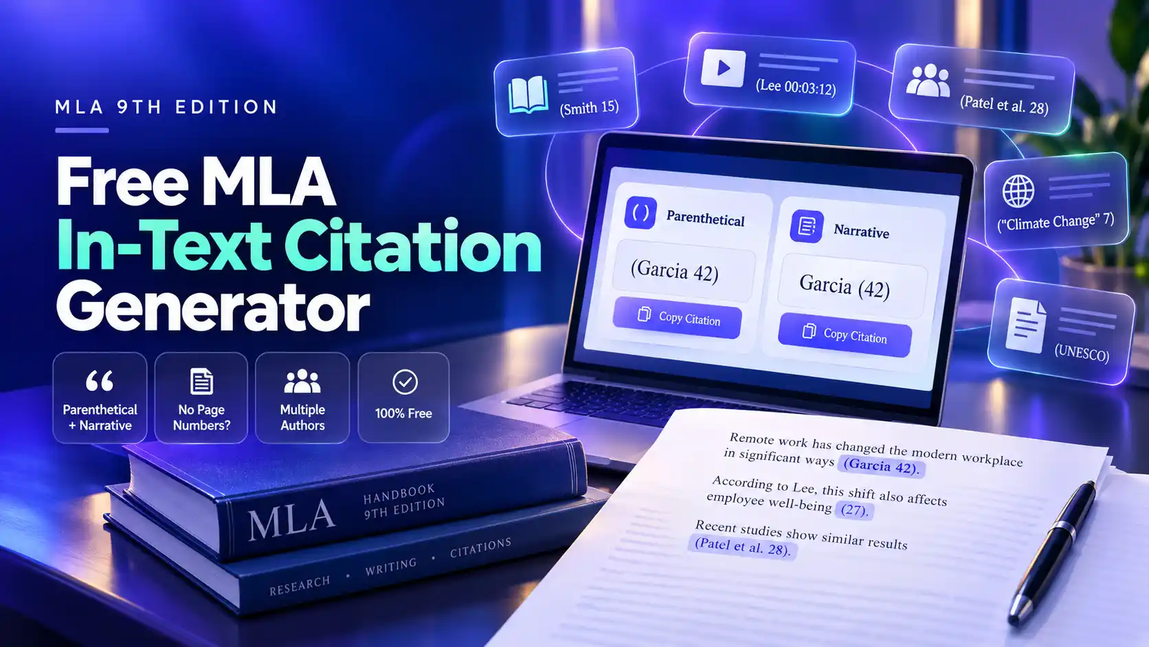 MLA In-Text Citation Generator showing a parenthetical citation and a narrative citation side by side