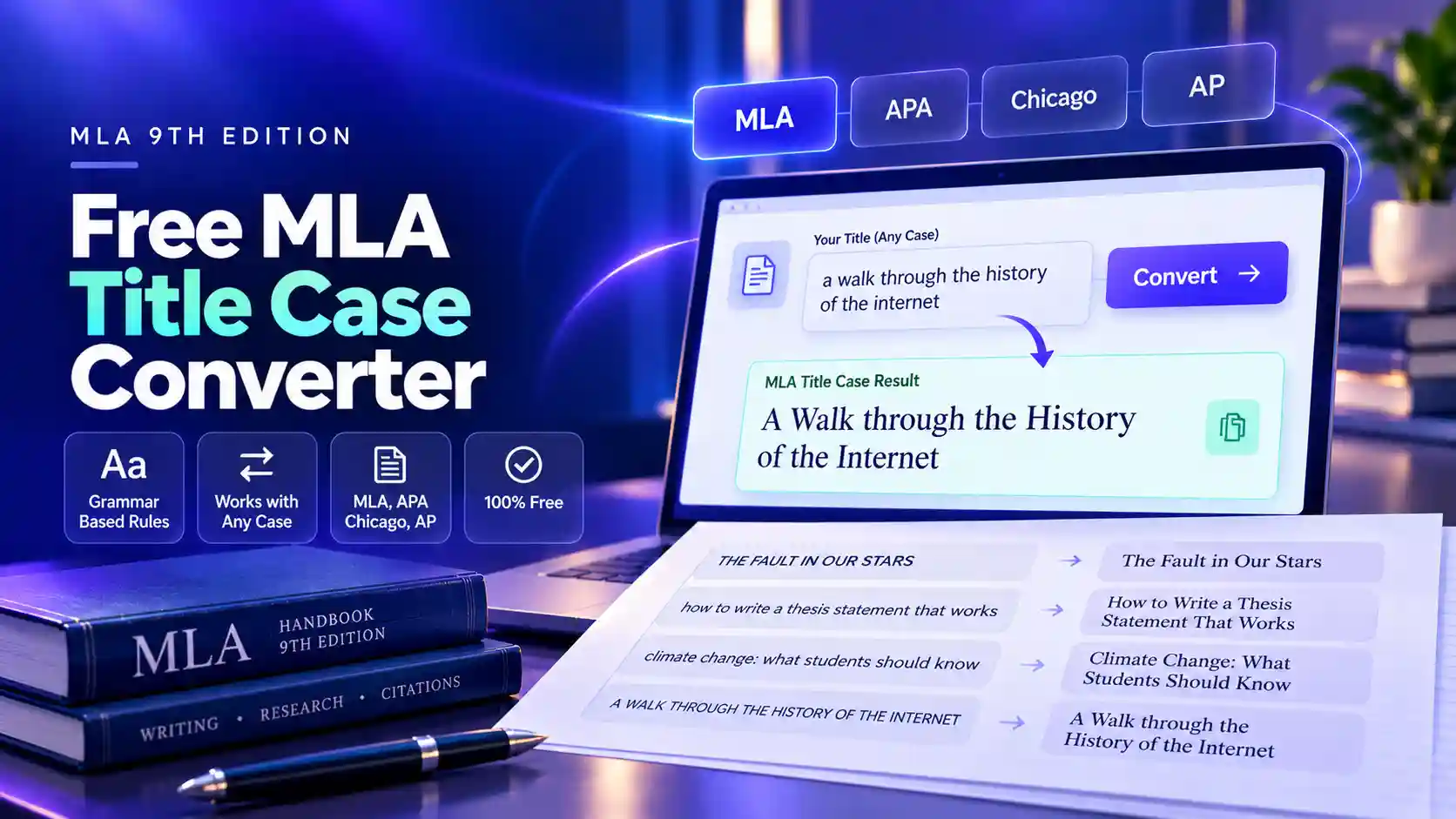 MLA Title Case Converter showing a lowercase title converted to correct MLA 9 title case
