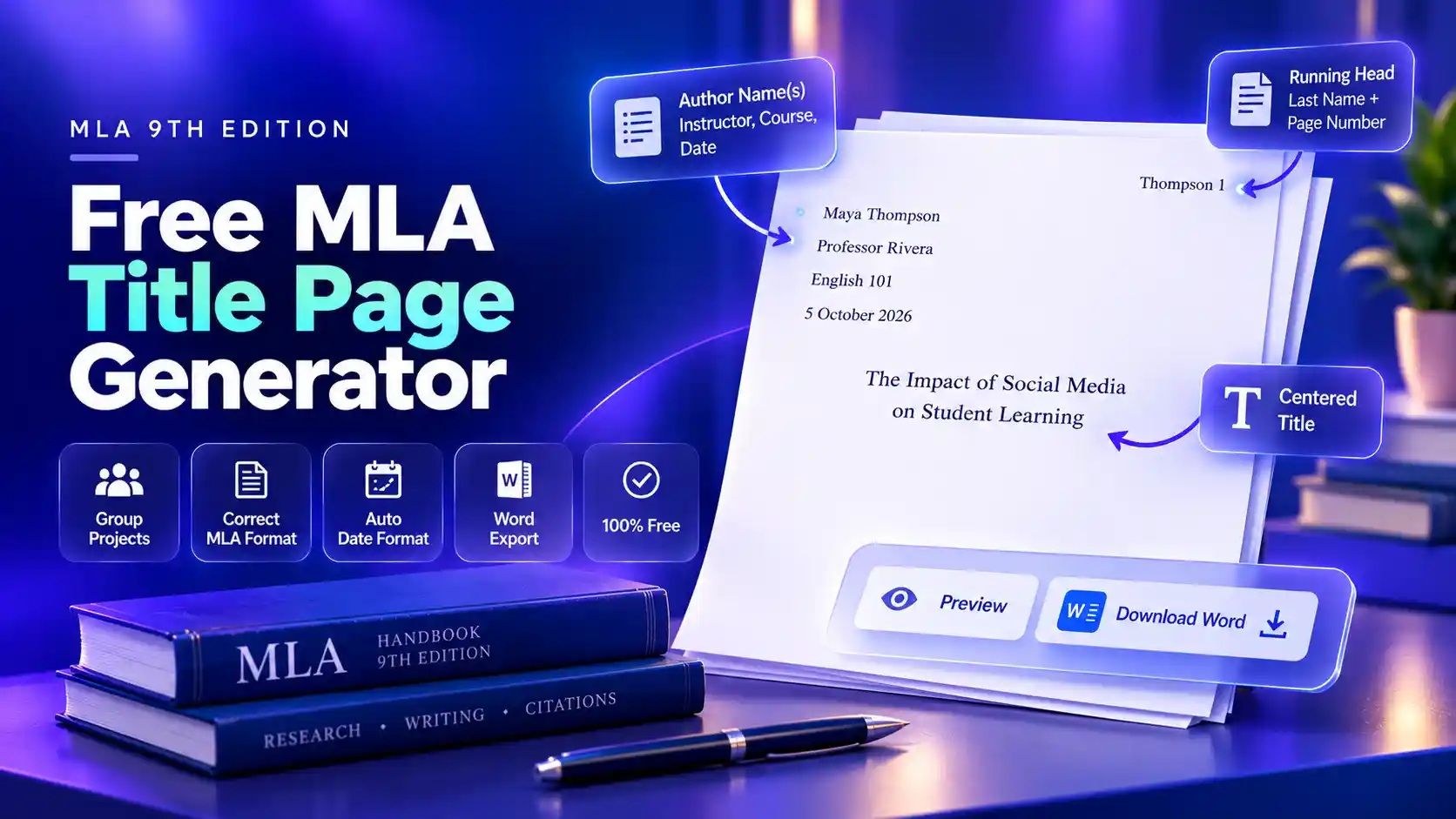 MLA Title Page Generator showing author names, instructor, course, date, and a centered title