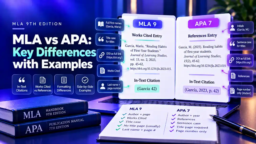 MLA vs APA: Key Differences with Clear Examples An MLA Works Cited entry and an APA References entry shown side by side, with their in-text citation formats labeled