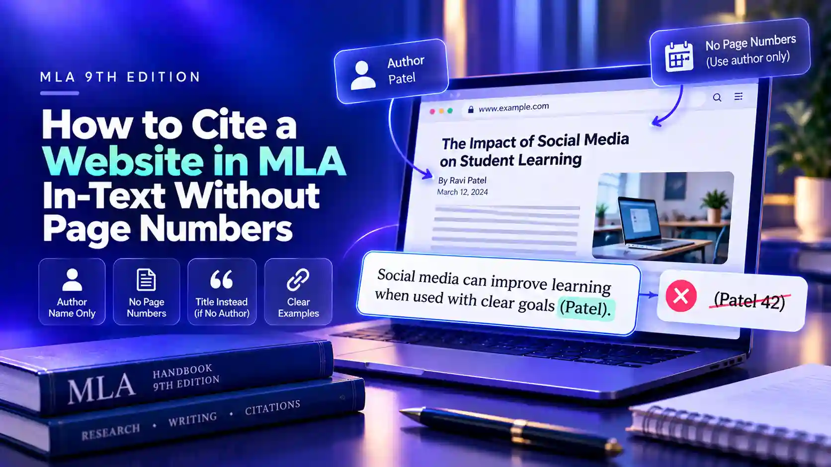 MLA In-Text Citation for Websites Without Page Numbers A website in a browser window beside the MLA in-text citation (Patel), with (Patel 42) crossed out