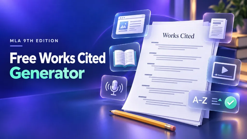 Free Works Cited Generator interface with source icons and a Works Cited page